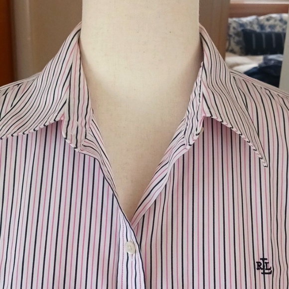 Ralph Lauren shirt button collared v-neck long sleeve stripes pink white  M - Picture 3 of 6